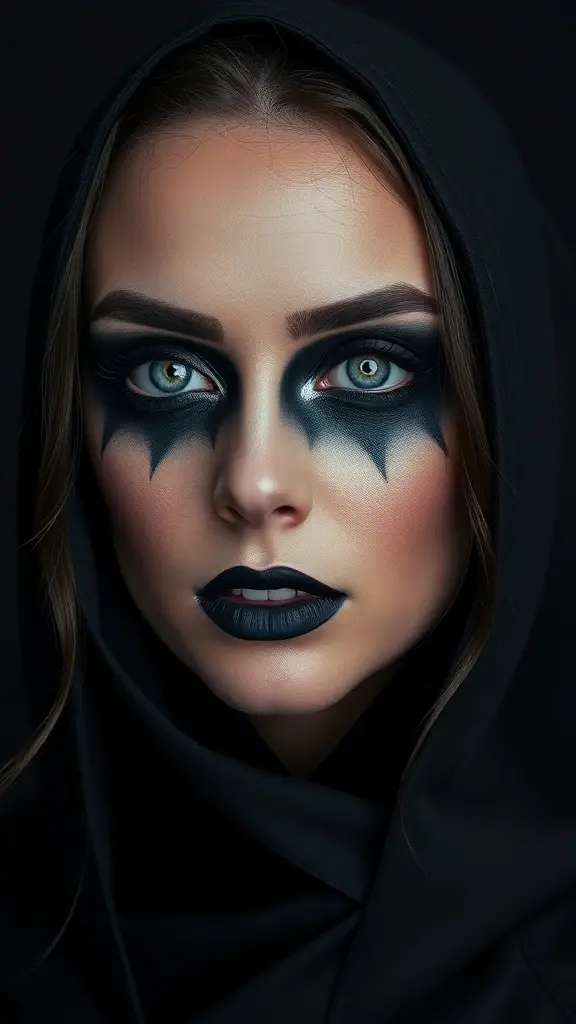 A model with dark glam makeup inspired by the Death Star, featuring bold black eyeshadow and lipstick, wearing a black hood.