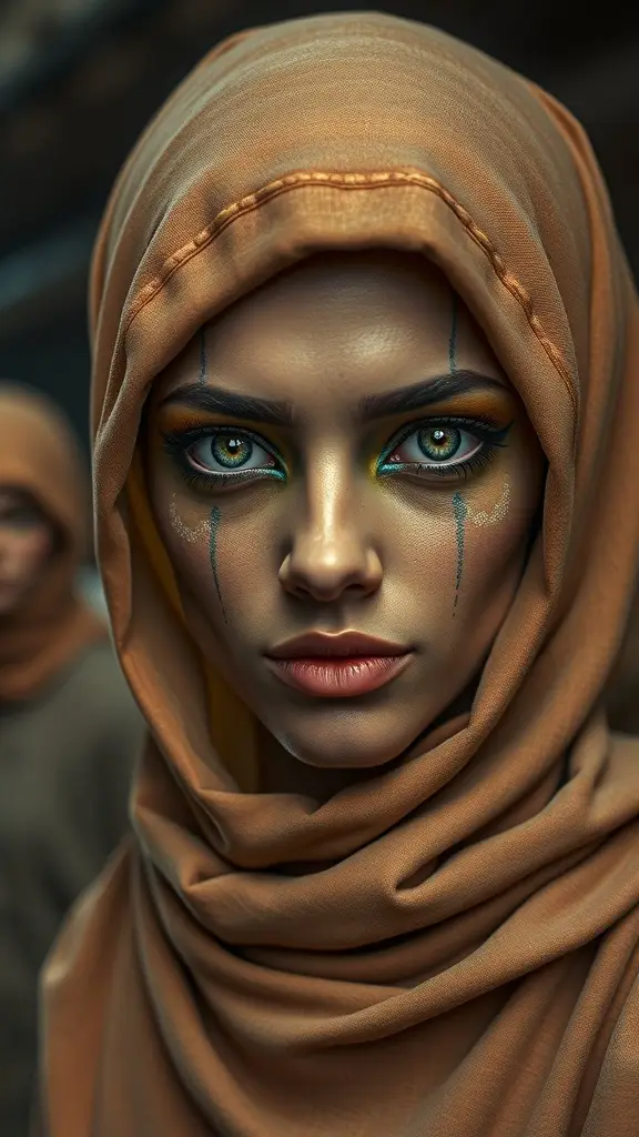 A model with bold galactic makeup inspired by Jawa desert nomads, featuring striking eye makeup and a headscarf.