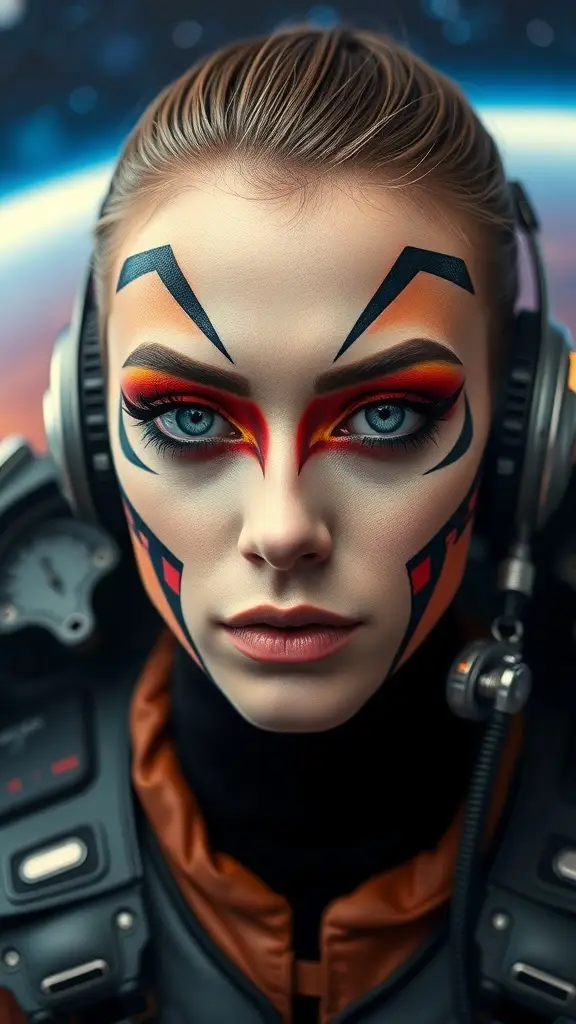 A model with bold starfighter pilot-inspired makeup featuring sharp lines and vibrant colors.