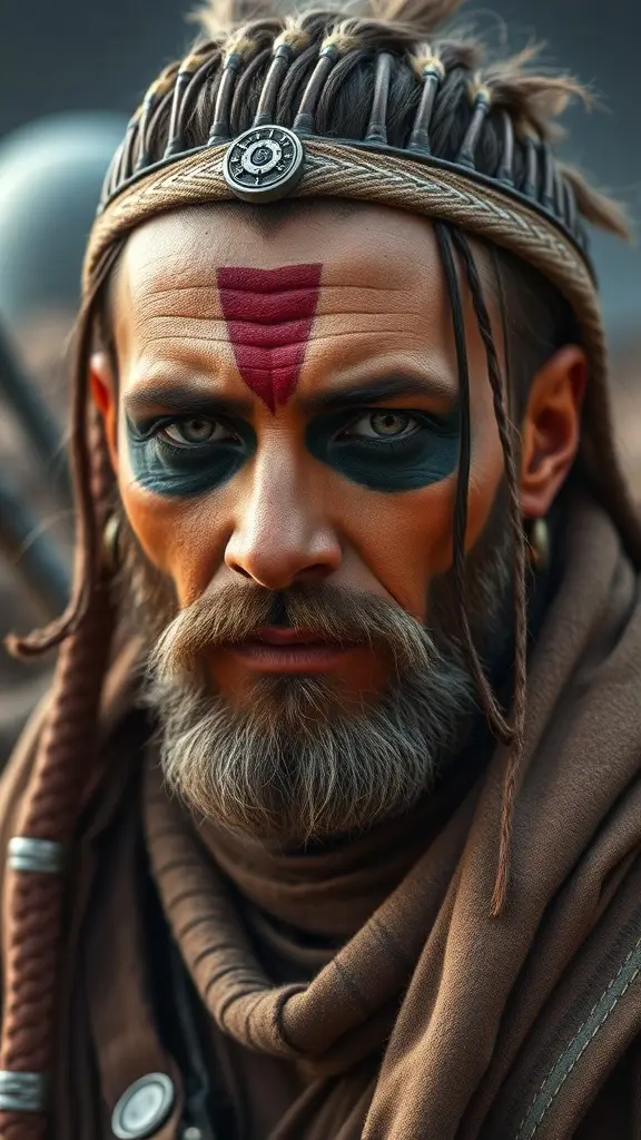 A person with Tusken Raider-inspired makeup, featuring dark eye shadow and red markings on the forehead.