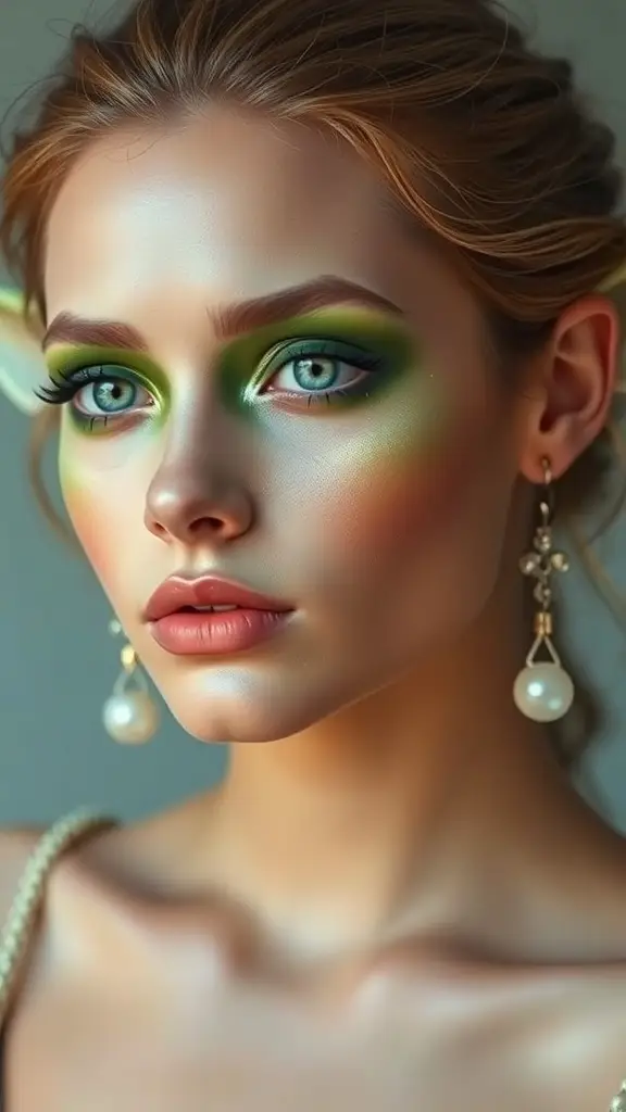 A close-up of a Yoda-inspired makeup look featuring green tones and a glowing effect.