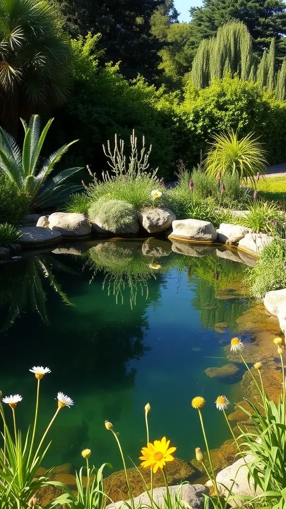 A serene natural swimming pond surrounded by greenery and flowers.