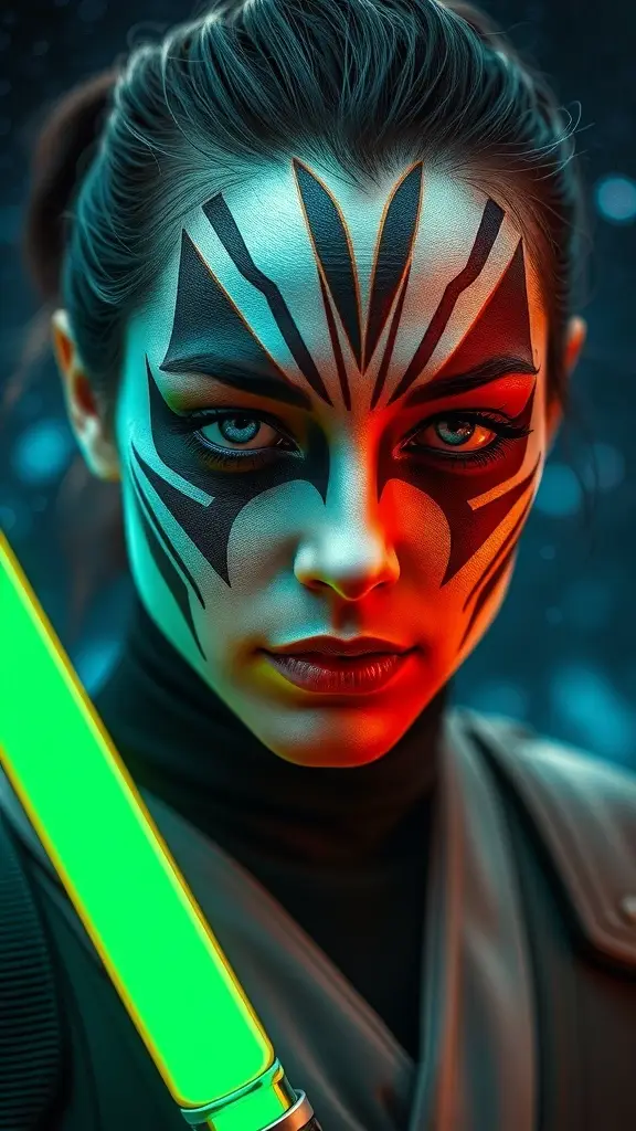 A model with bold face paint inspired by Star Wars, holding a green lightsaber.