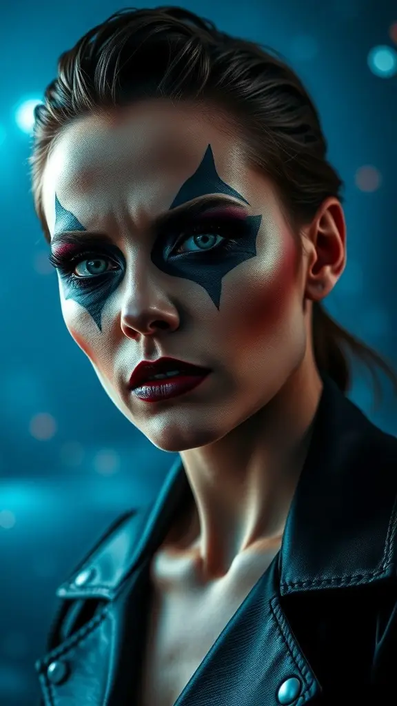 A model with striking villainous makeup featuring black and blue face paint, dark lipstick, and a leather jacket, embodying a Star Wars-inspired look.