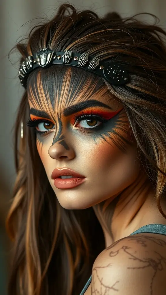 A bold makeup look inspired by Chewbacca from Star Wars, featuring rich browns and shimmering highlights.