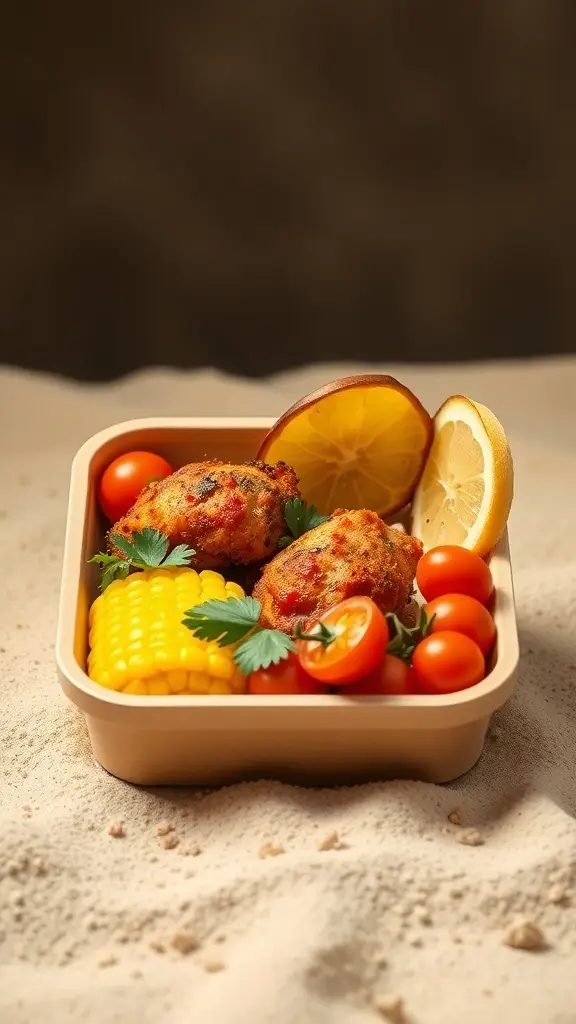 A bento box featuring spicy chicken karaage, corn, cherry tomatoes, and lemon slices.