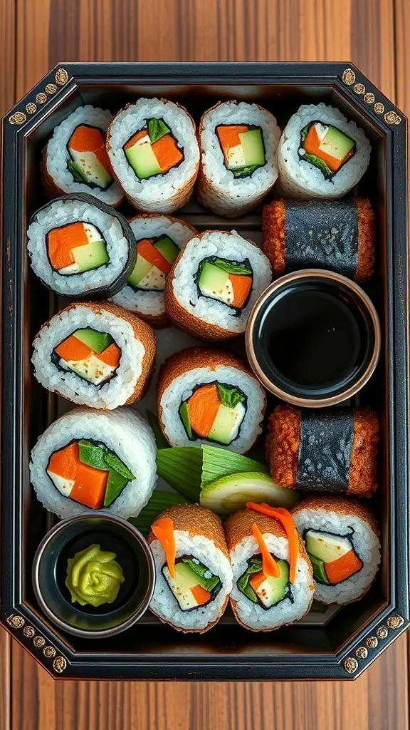 A sushi platter inspired by the cityscape of Coruscant from Star Wars, featuring colorful sushi rolls and a decorative city model.