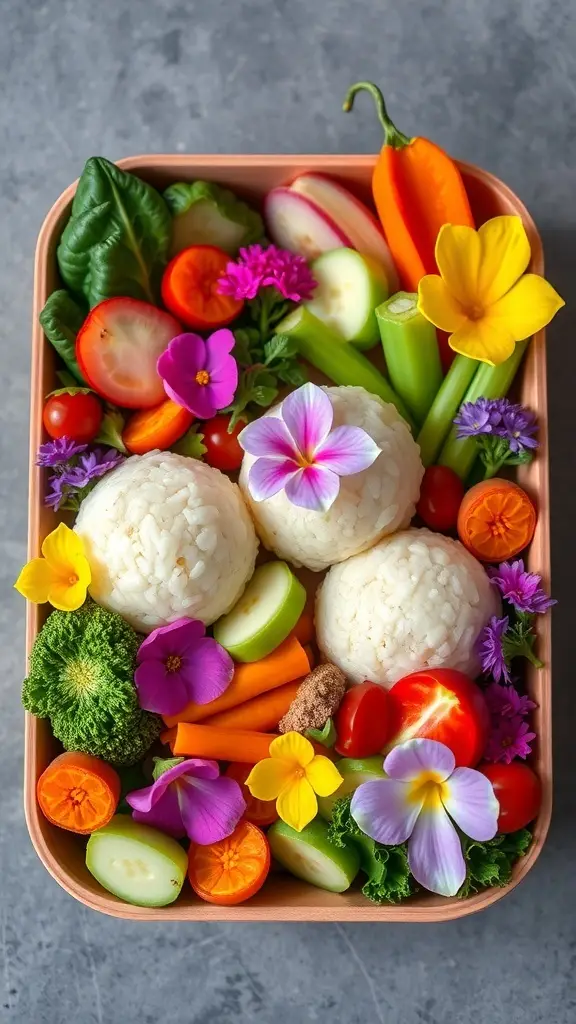 A black bento box filled with spicy tofu cubes, black rice, and red bell pepper slices, garnished with chili and sauce.