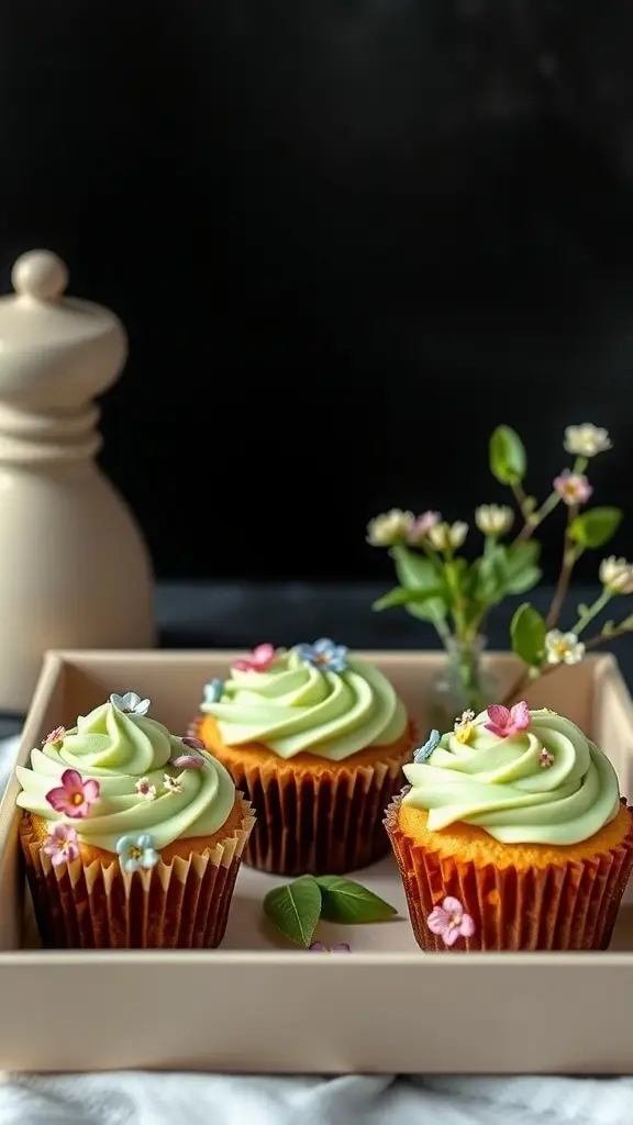 Three green tea cupcakes with floral decorations in a light-colored box.