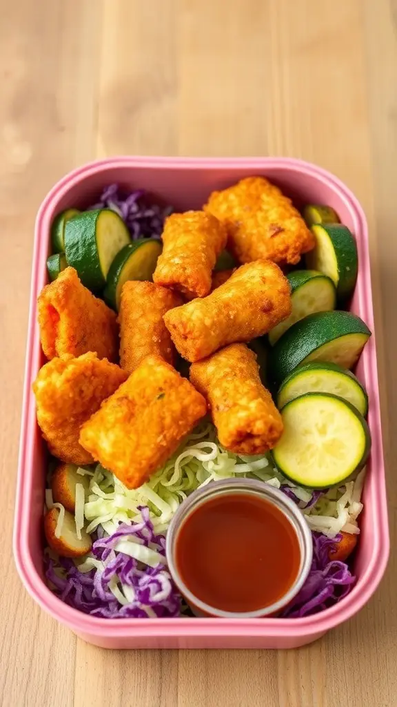 A colorful Japanese lunchbox featuring vegetable tempura, zucchini, sweet potato, and carrots.