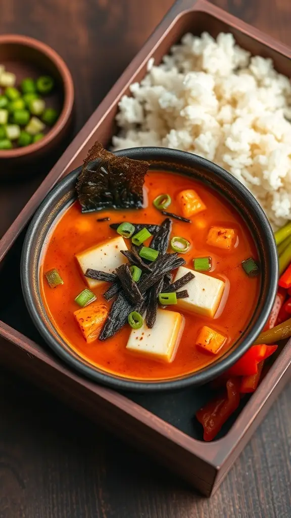 A bowl of spicy miso soup with tofu and green onions, served in a Japanese lunchbox.