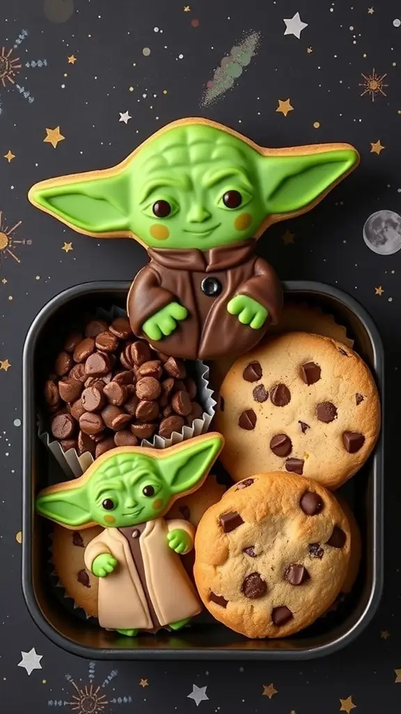 A bento box featuring Yoda-shaped cookies and chocolate chip cookies against a starry background.