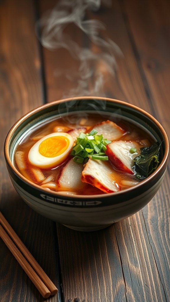 A bowl of classic ramen with miso broth, topped with green onions and a soft-boiled egg.