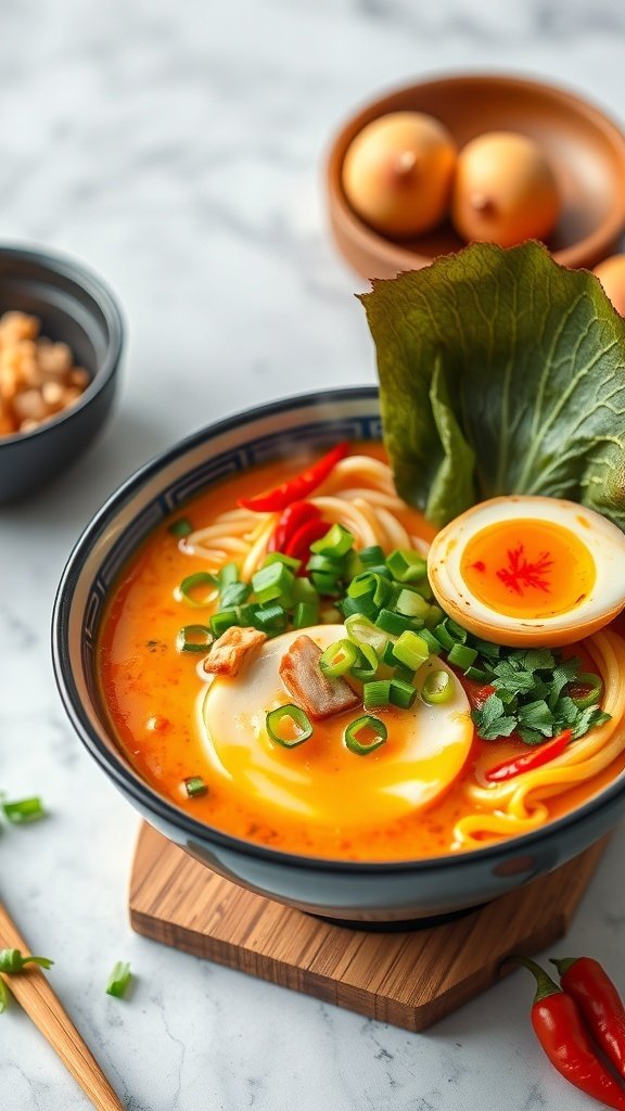 A bowl of spicy tonkotsu ramen with soft-boiled eggs, green onions, and pork belly
