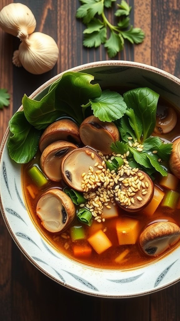 A bowl of vegan shoyu ramen with mushrooms, spinach, and sesame seeds.