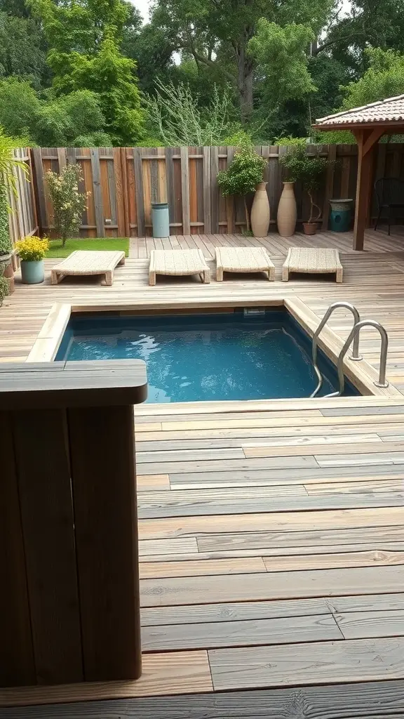 A wooden deck surrounding a swimming pool, with lounge chairs and greenery in the background.