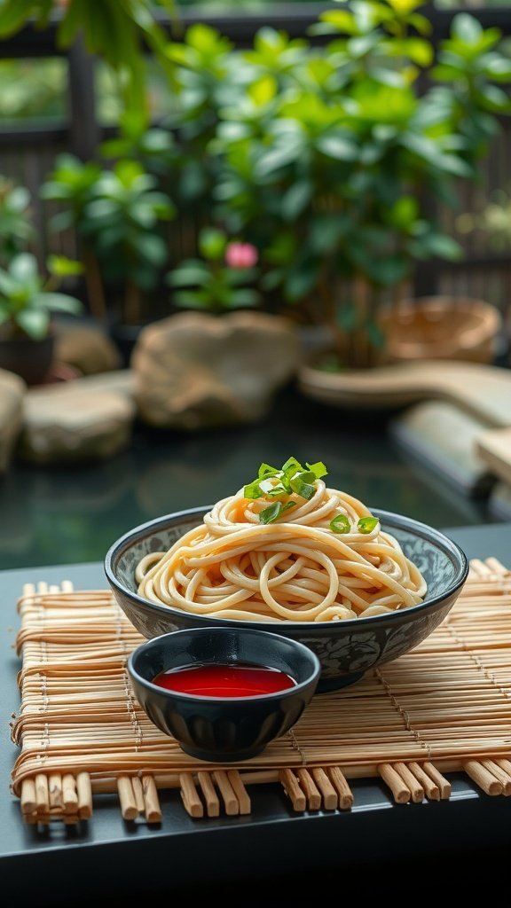 A bowl of cold soba noodles with dipping sauce, garnished with green onions, set against a serene background.