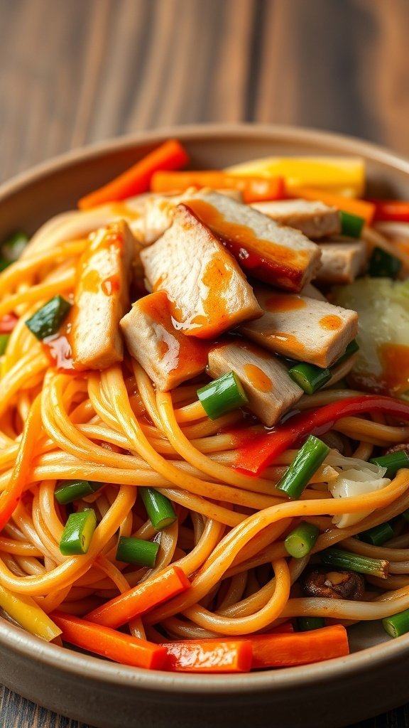 A delicious plate of yakisoba stir-fry with noodles, vegetables, and chicken.