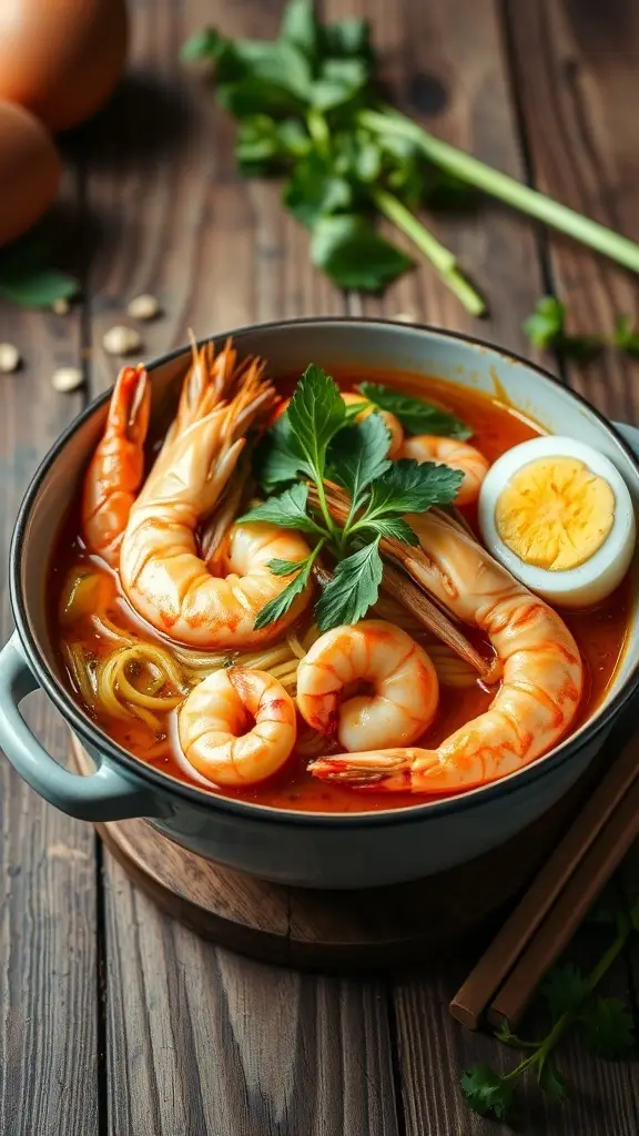 A bowl of Prawn Mee Noodles with prawns, boiled eggs, and cilantro on a wooden table.
