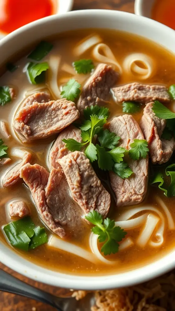 A bowl of beef noodle soup garnished with herbs and chili peppers.