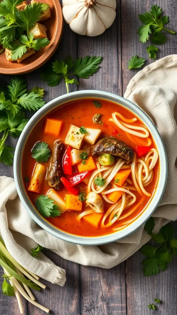 A bowl of curry noodle soup with vegetables and tofu, garnished with cilantro.