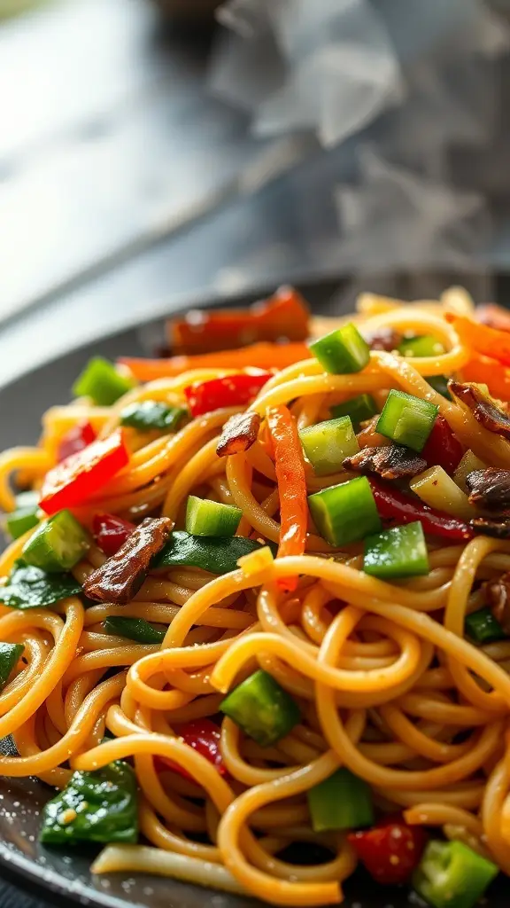 A plate of stir-fried udon noodles with colorful vegetables.