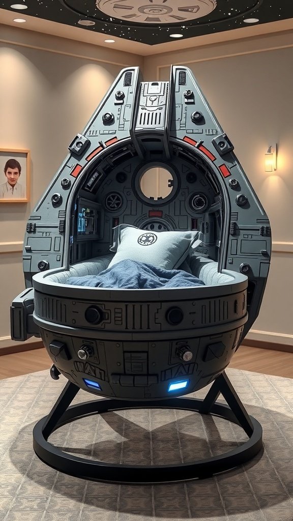 A cradle designed to look like the Millennium Falcon from Star Wars, set on a rocky surface.