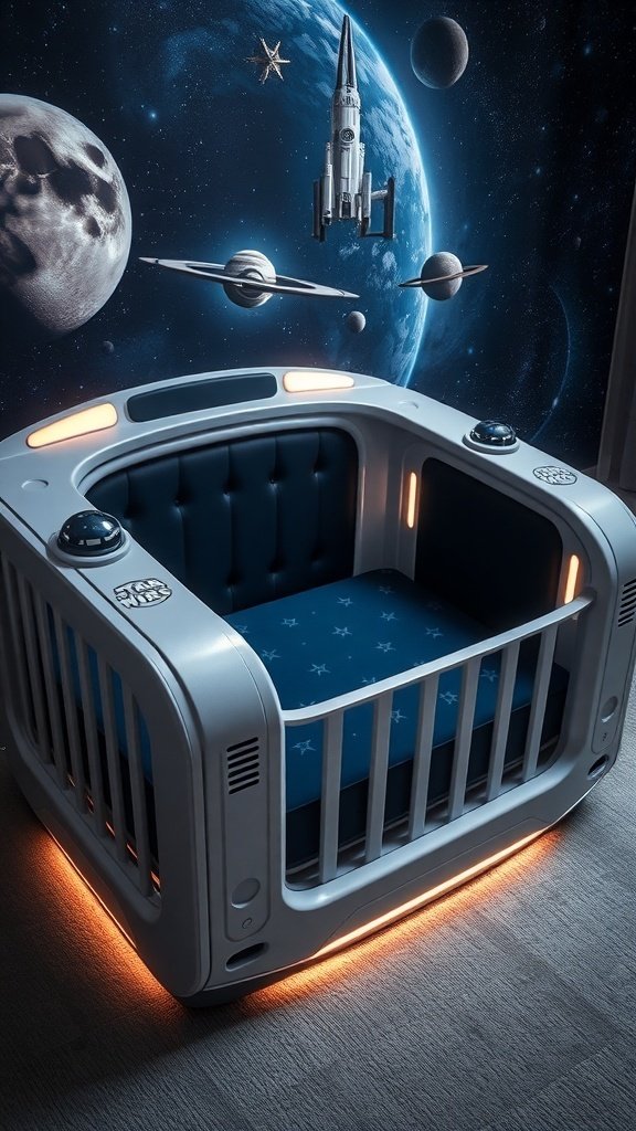 A futuristic spaceship-themed crib with glowing accents and Star Wars symbols, set against a cosmic background.