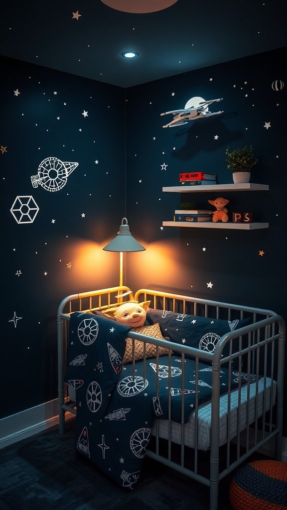 A Star Wars themed nursery with a cot, starry wall decor, and playful elements.