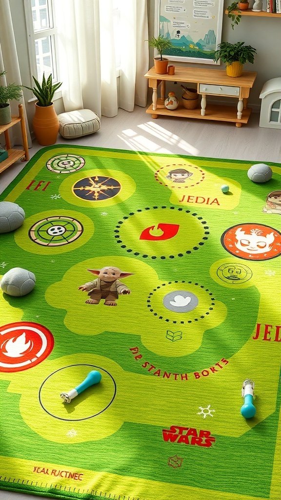 A futuristic landscape with Jedi figures and a starry sky, perfect for a play mat design.