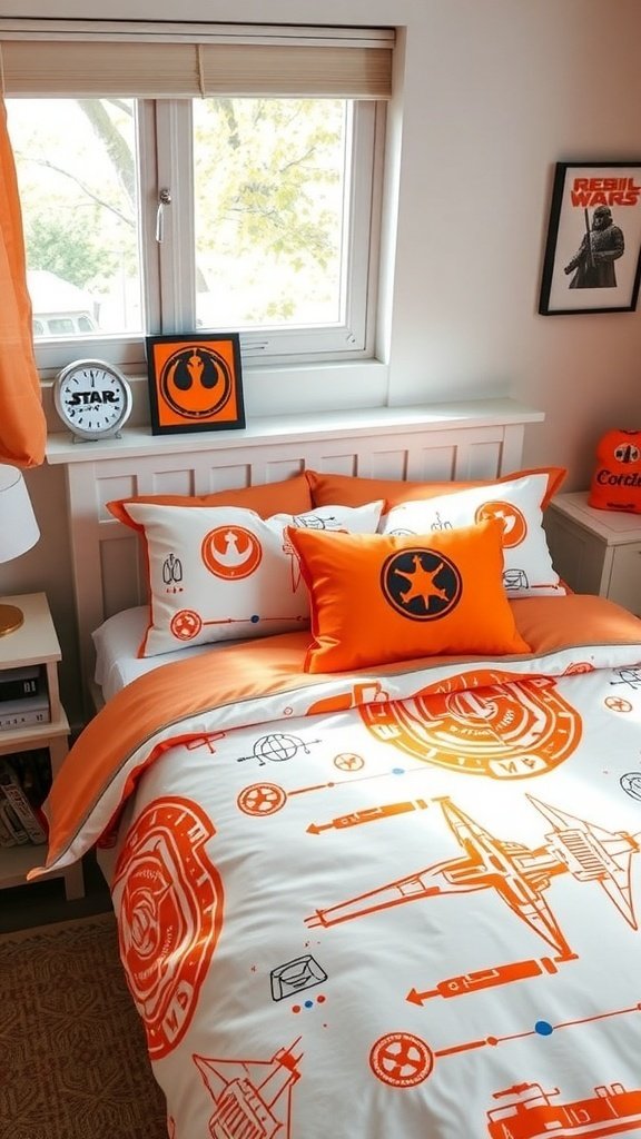 X-Wing pilot themed bedding with orange colors and Star Wars graphics