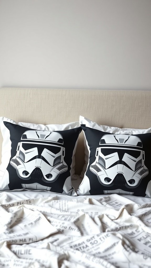 Two Clone Trooper accent pillows on a bed
