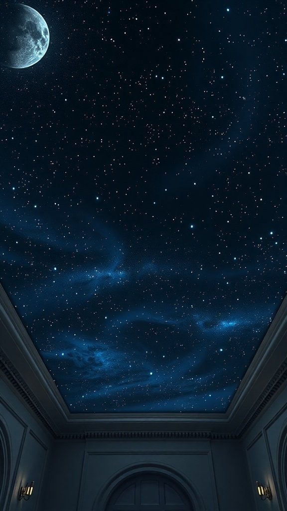 A night sky filled with stars and a glowing moon, resembling a cosmic scene.