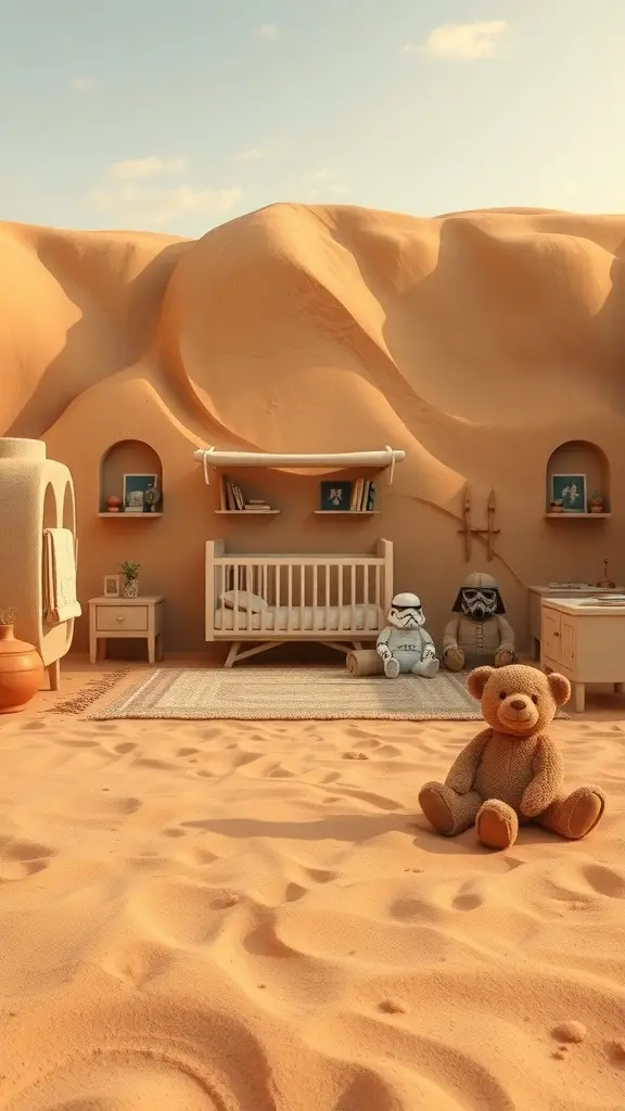 A cozy nursery designed with a Tatooine desert theme, featuring a cot, plush toys, and sandy decor.