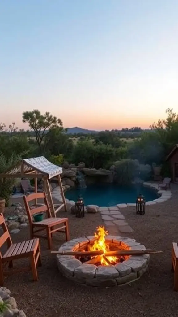 A cozy fire pit surrounded by seating, with a pool in the background, creating a warm evening atmosphere.