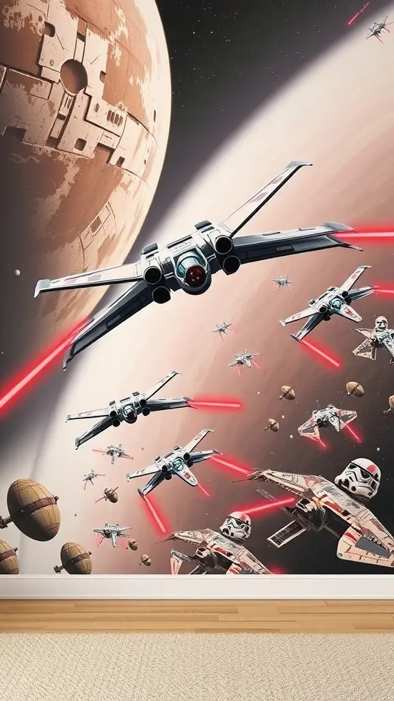 A vibrant mural depicting Jedi starfighters in space, showcasing dynamic action and colorful designs.
