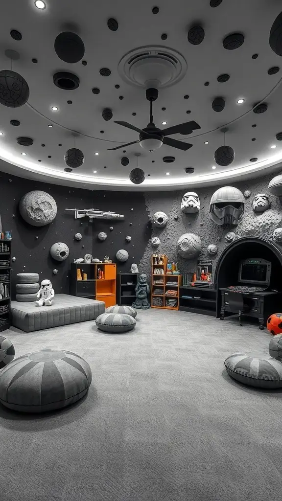 A playroom designed like an asteroid field, featuring textured walls, floating planets, and cozy cushions.