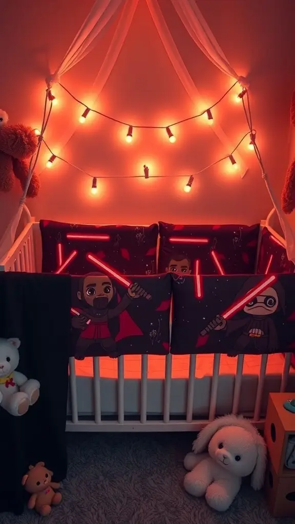 A crib with Sith Lord themed bumpers featuring a dark background and a glowing red lightsaber.