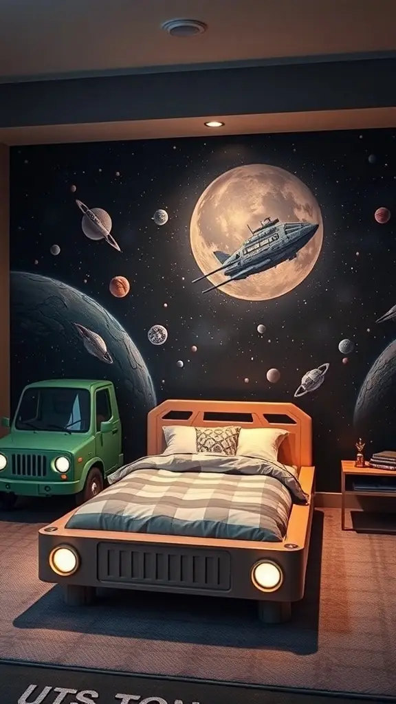 A space-themed bedroom featuring a bed designed like a space vehicle, with a mural of planets and a toy car.