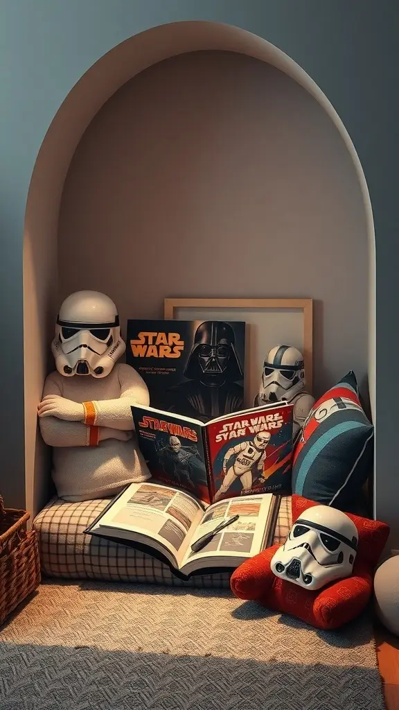 A cozy reading corner inspired by Star Wars, featuring plush Stormtrooper toys, colorful cushions, and Star Wars books.