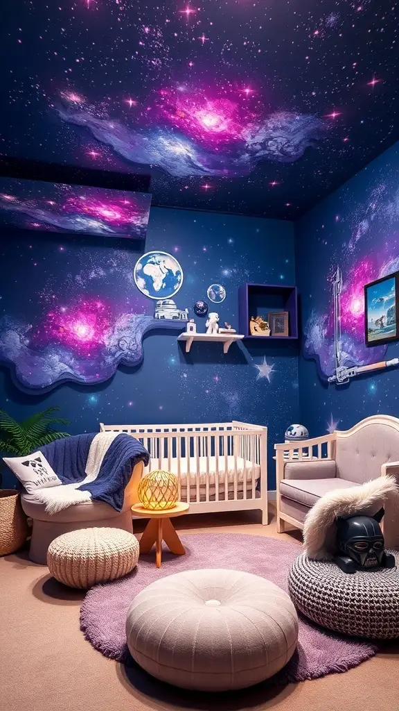 A cosmic-themed wall with deep blues and purples, resembling a starry night sky.