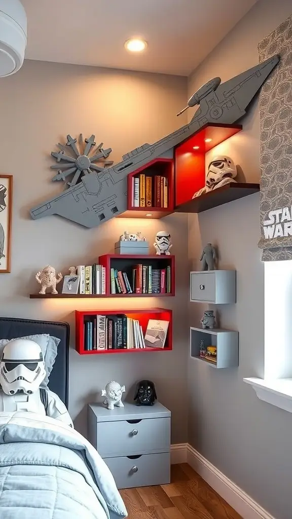 Wall shelves shaped like spaceships, displaying toys and books.