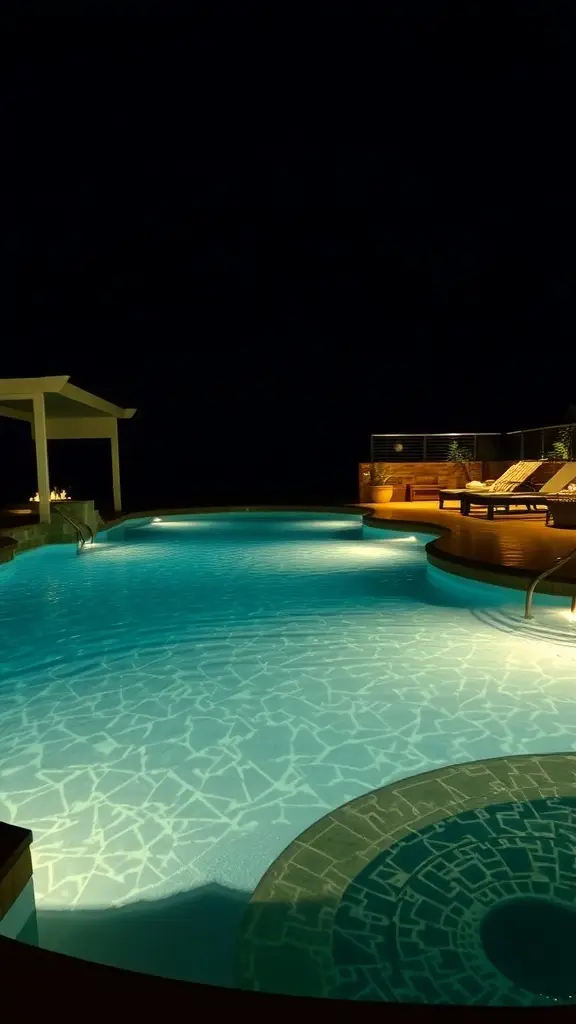 A beautifully lit swimming pool at night with glowing lights around the edge.