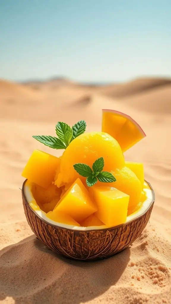 A bowl of mango sorbet with fresh mango chunks and mint leaves, set against a desert backdrop.
