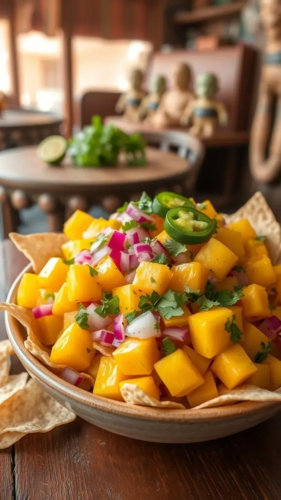 A bowl of mango salsa with tortilla chips, set in a Star Wars themed environment.