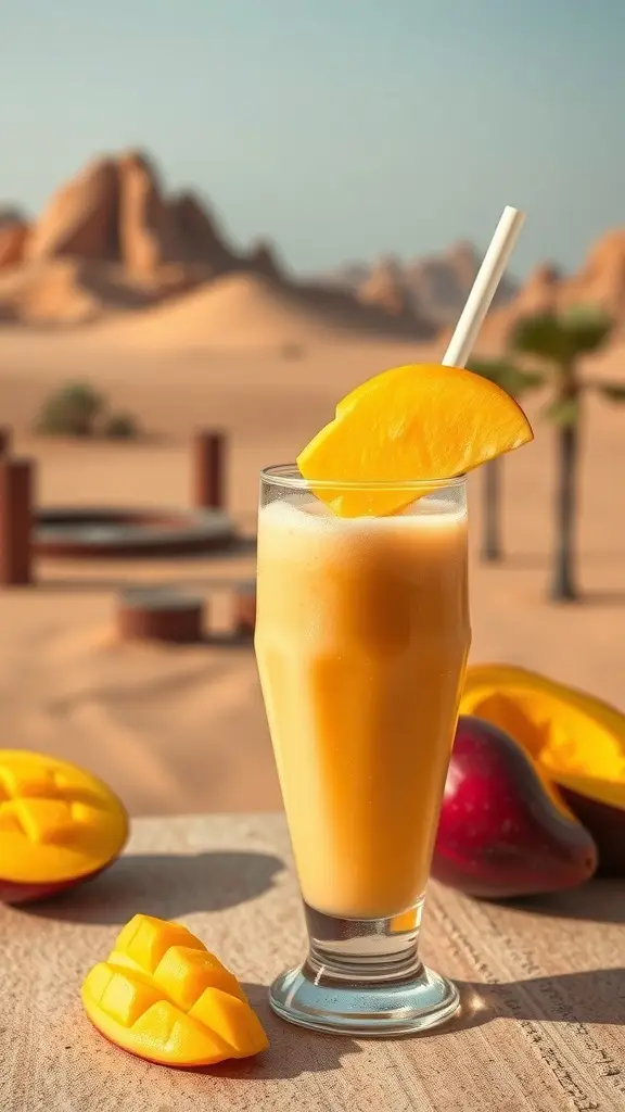 A refreshing mango smoothie in a glass with a slice of mango on the rim, set against a desert backdrop.