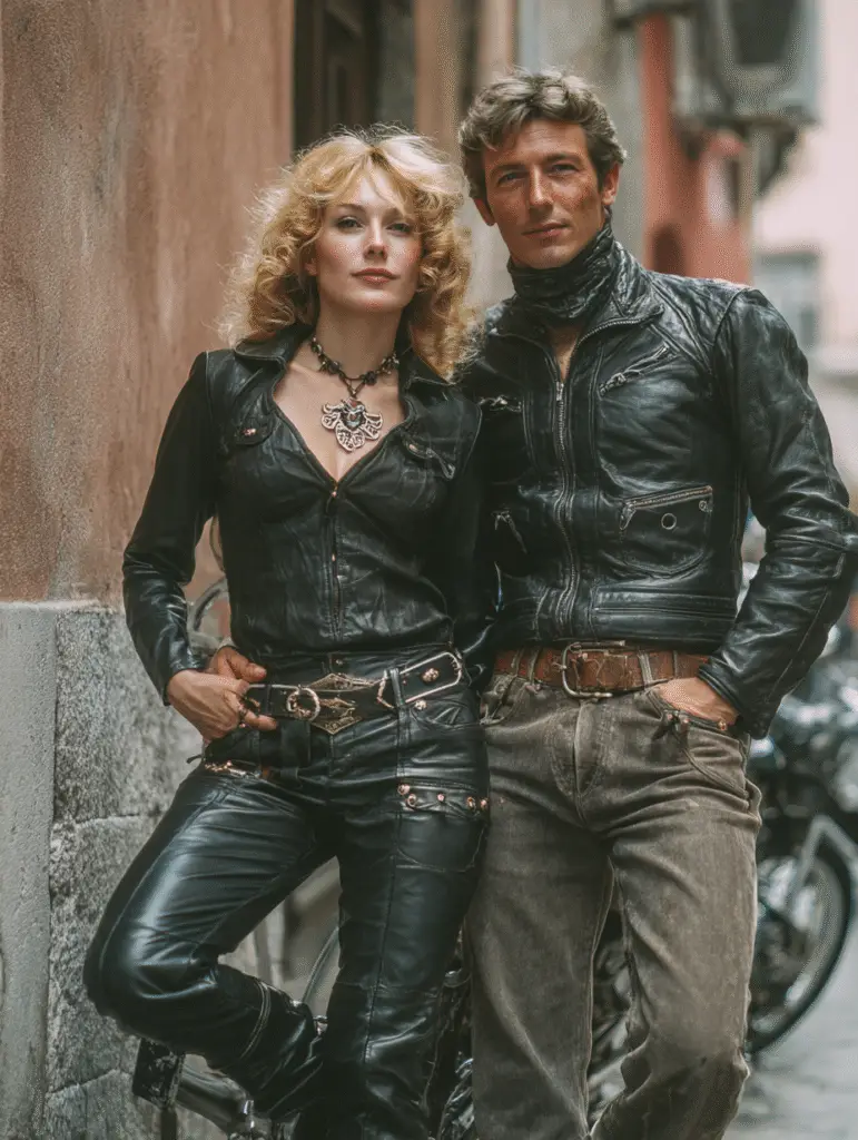 an attractive women and an attractive man wearing leather outfits from the 1960's 