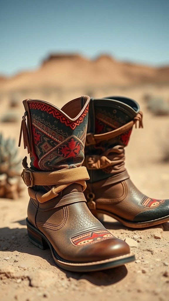 Two pairs of stylish Boho boots on a rustic path, showcasing earthy tones and intricate designs.