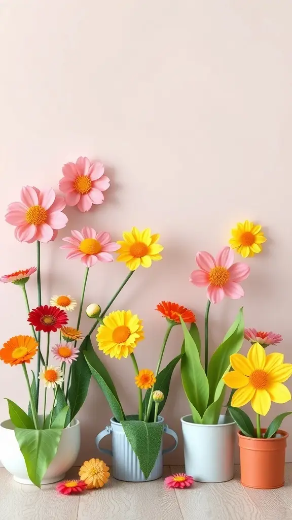 Colorful flower displays in various pots, featuring pink, yellow, and orange flowers against a light background.