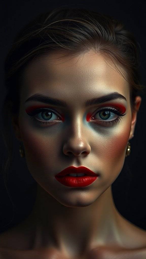 A close-up of a model with vivid red eyeliner and cherry red lips, showcasing a bold makeup look.